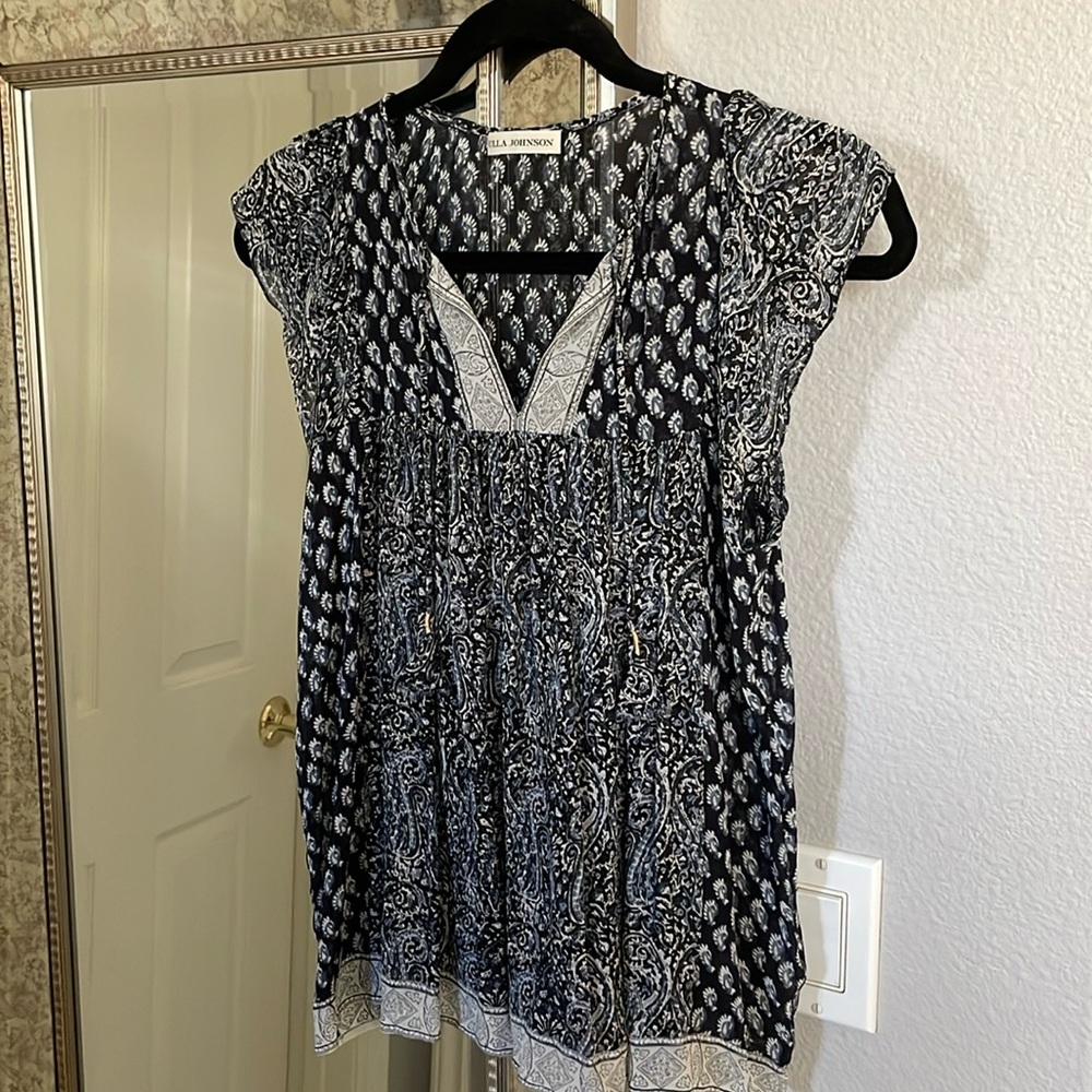 Navy & White Silk Blouse Top • Flutter Sleeve Tassel Top • Boho Feminine Shirt